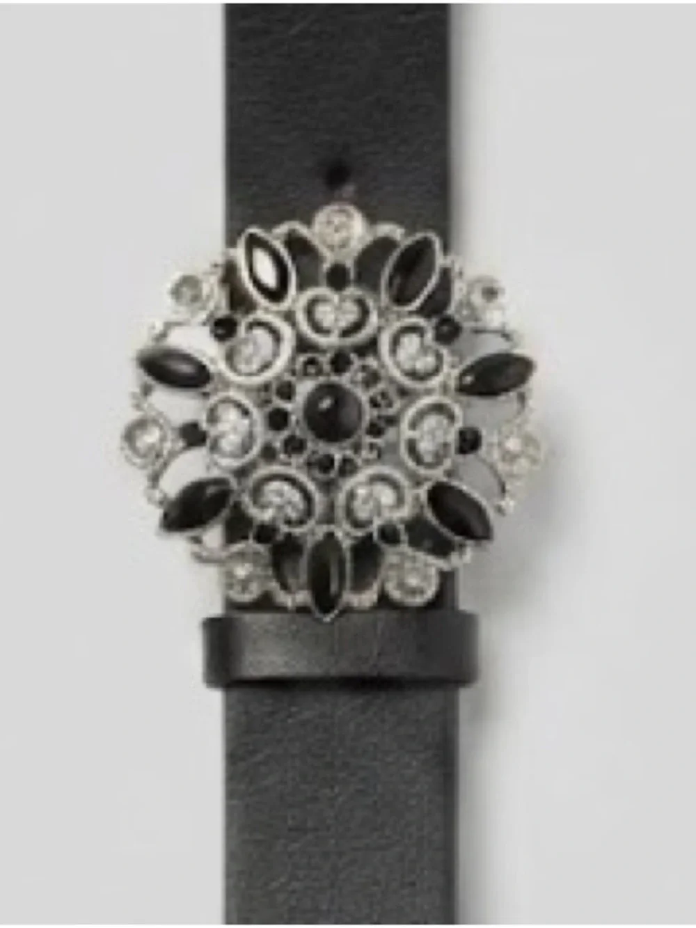 Vintage Lane Bryant Black Belt with Silver Floral Crystal Buckle